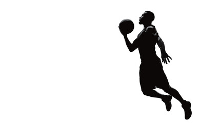 A man is jumping in the air with a basketball. He is wearing a black shirt and shorts
