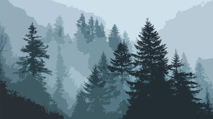 A forest with trees and a foggy sky. The trees are tall and thin. The sky is cloudy and gray
