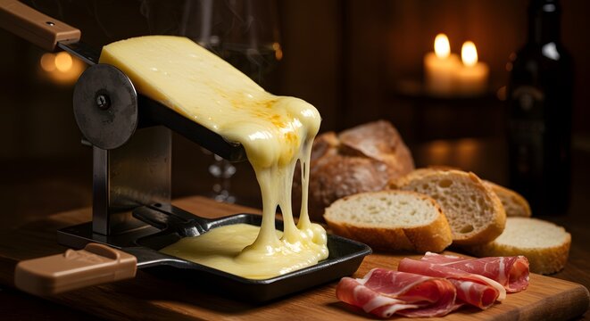  "Authentic Swiss Raclette Celebration with Melted Cheese"