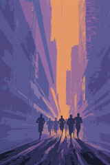 Fototapeta premium A group of people running in a city. The city is purple and orange. The people are running in a straight line