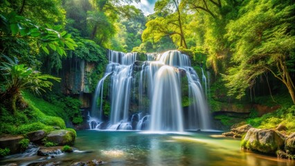 Obraz premium waterfall cascading gracefully in the midst of a lush forest , natural beauty, trees