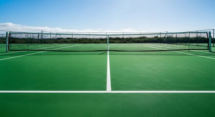 An empty green tennis court with a net under a bright blue sky.