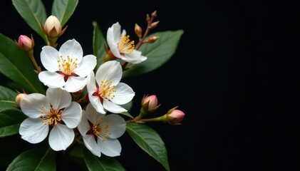 Fototapeta premium Delicate white blossoms, gilded foliage, stark black backdrop, simple, art