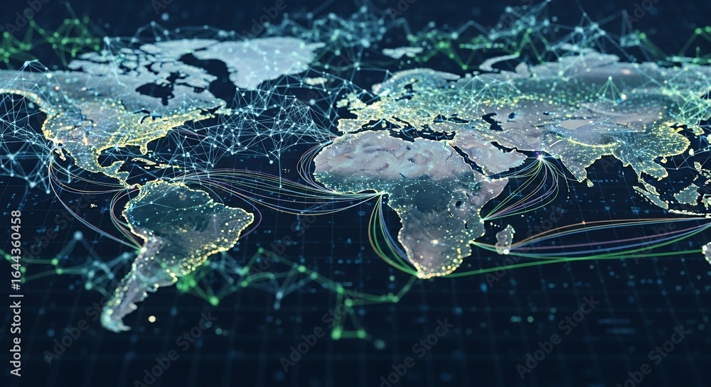 Poster global network connections illuminated on a digital world map with interconnected lines.