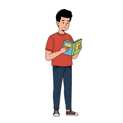 High School Male Student Reading Book in Library &mdash; Character Illustration PNG & Background Scene