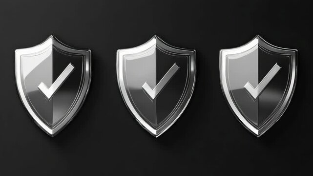 Three shields with a check mark on them. The shields are silver and are placed on a black background