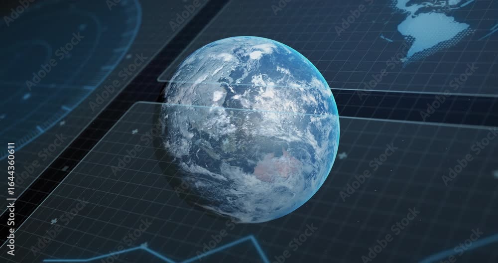 Poster digital 3d globe appearing on grid, rotating eastward as polyline graph animating data trends