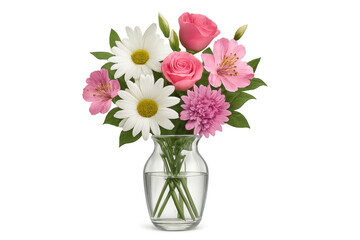 Fototapeta premium Bouquet of pink roses, white daisies and alstroemeria flowers in glass vase with transparent background