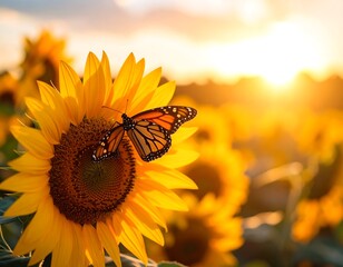 A vibrant sunflower field at sunset, with a monarch butterfly