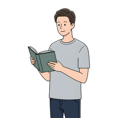 High School Male Student Reading Book in Library &mdash; Character Illustration PNG & Background Scene