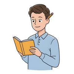 High School Male Student Reading Book in Library &mdash; Character Illustration PNG & Background Scene