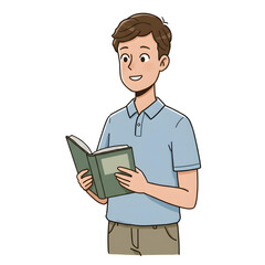 High School Male Student Reading Book in Library &mdash; Character Illustration PNG & Background Scene