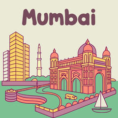 Mumbai india travel destination cityscape with gateway of india and buildings vector illustration art