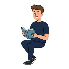 High School Male Student Reading Book in Library &mdash; Character Illustration PNG & Background Scene