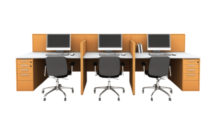 Modern office cubicles with computers and chairs, showcasing a clean, professional work environment in an open office layout on white background