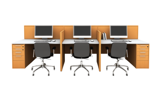 Modern office cubicles with computers and chairs, showcasing a clean, professional work environment in an open office layout on white background