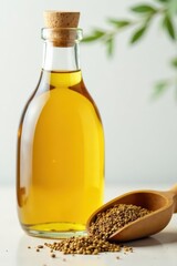 Amber glass bottle of mustard oil; wooden scoop with seeds , aromatic, culinary, healthy