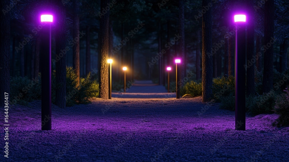 Poster a serene nighttime forest path illuminated by colorful glowing lamps creating a mysterious and encha