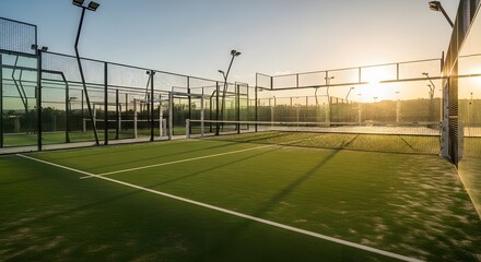Fototapeta premium Empty padel court at sunset, showcasing the modern sports facility.