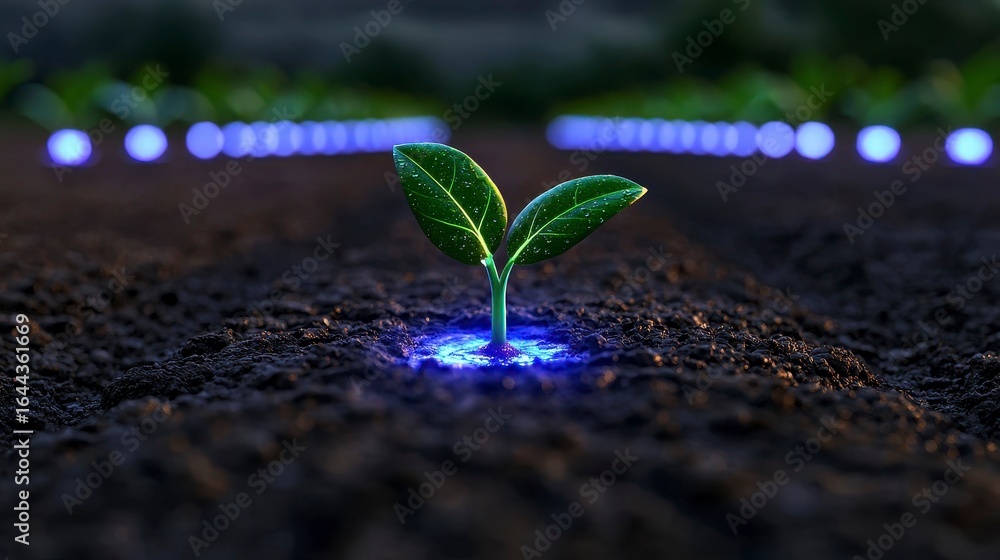 Poster a close-up of a glowing green seedling bursting through the dark soil in a field illuminated by soft