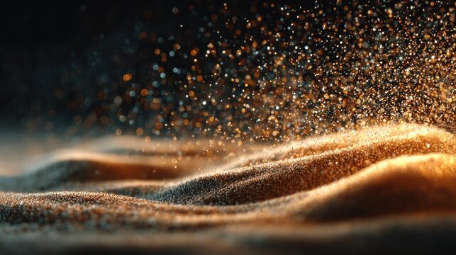 Sublime auric dust cascading onto rippling dune-like formations background