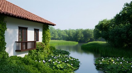 White villa with red tile roof by water surrounded by tropical greenery, peaceful exotic travel destination with garden and scenic reflections