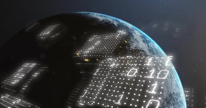 Sunlight peeking from right horizon initiating grid pulsing binary over Earth visualizing data flow