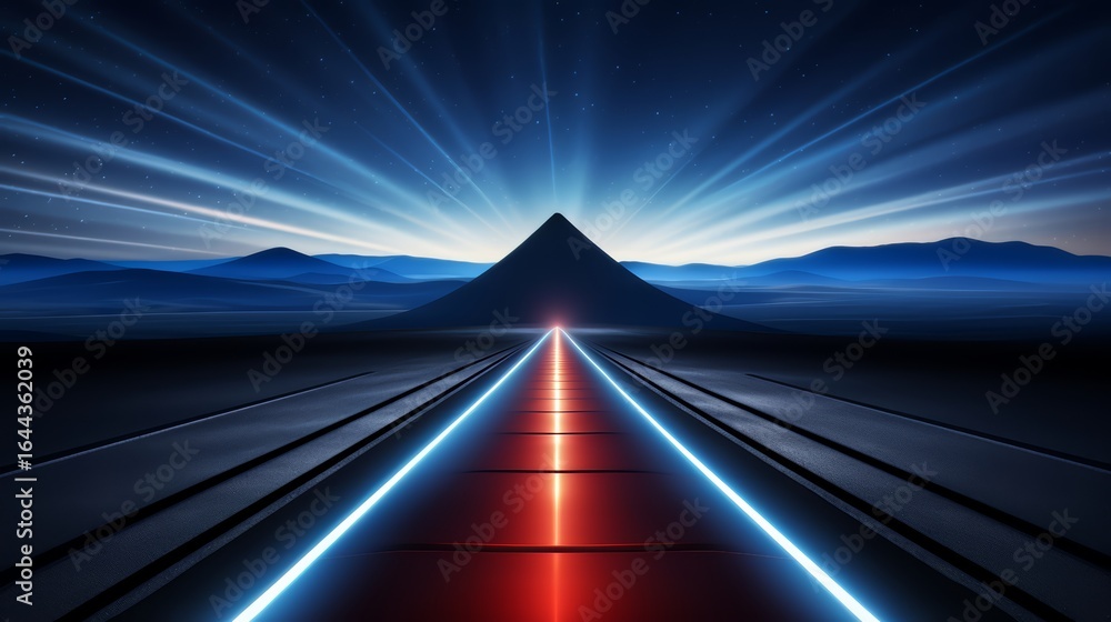 Aufkleber mountain range is in the background with a road in the foreground. the road is lit up with neon ligh