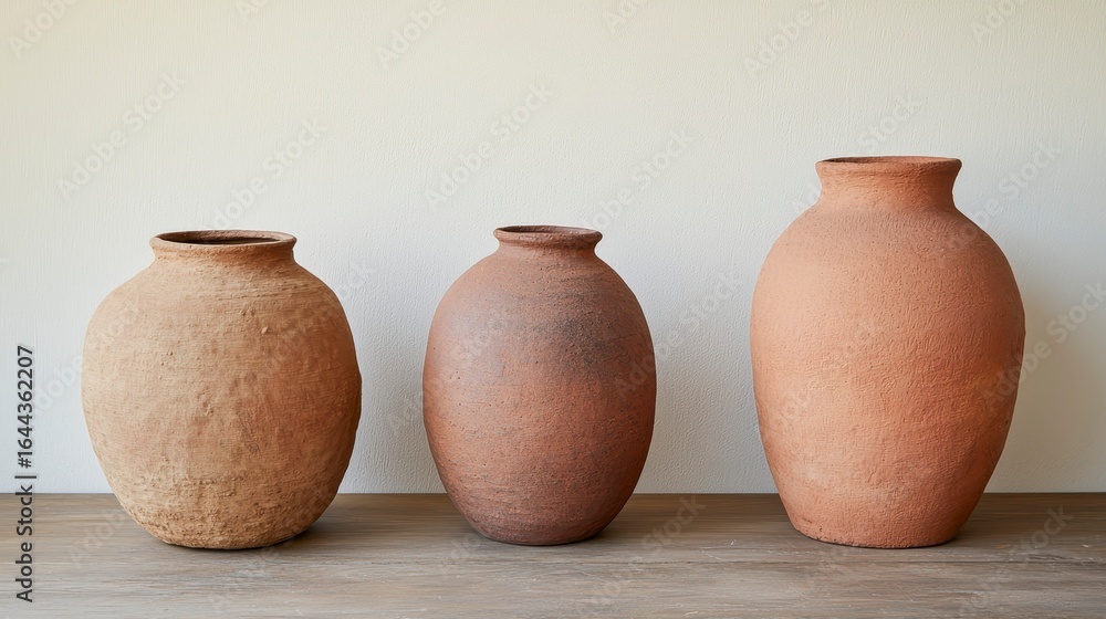 Poster set of three artisanal terracotta vases in varying shapes and sizes displayed against a simple backg