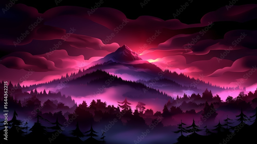 Poster mountain range with a purple sky and a sun setting behind it. the sky is filled with clouds and the 