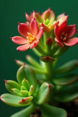 Fototapeta premium Close-up of kalanchoe daigremontiana succulent leaves on green background, kalaneo daigremontiana, foliage, kalanchea leaves