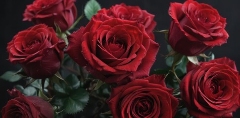 Obraz premium Close-up of velvety red roses against a dark background, floral, Valentine's Day, passion