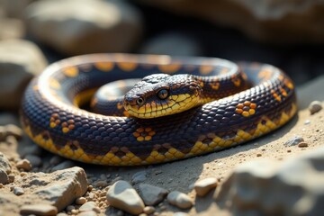 Obraz premium Dark brown snake with yellowish markings coiled on rocky outcrop , blue viper, snake