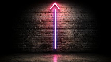 Neon pink arrow is lit up against a brick wall. Concept of upward progress or growth
