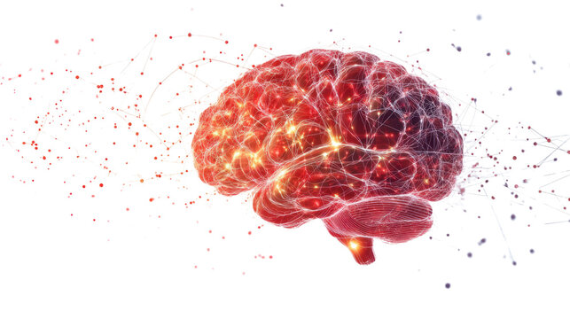 Digital Illustration of Glowing Red Brain and Vibrant Energy Exploring Complexity and Intricacy of Human Brain Activity in Futuristic and Dynamic Composition on white background