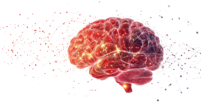 Digital Illustration of Glowing Red Brain and Vibrant Energy Exploring Complexity and Intricacy of Human Brain Activity in Futuristic and Dynamic Composition on white background