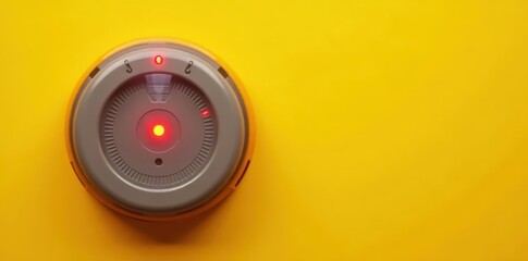 Modern smoke detector with fire call point on yellow background, safety device, warning light, evacuation plan