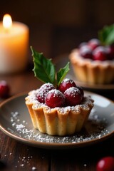 Mini tart, sugared cranberries, holly sprig, candlelight, elegant dessert, appetizing, tartlet