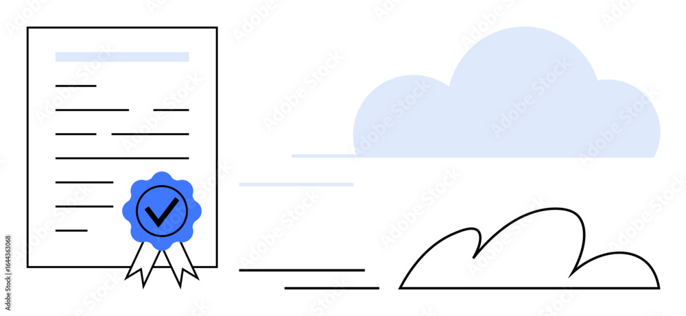 Poster document with checkmark seal alongside abstract cloud. ideal for certification, approval, cloud stor