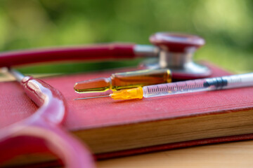 Medical instruments, Healthcare tools syringe, medicine ampoule, stethoscope, injection equipment,...