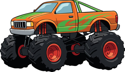 Naklejka premium Orange and green monster truck with oversized tires vector illustration design 