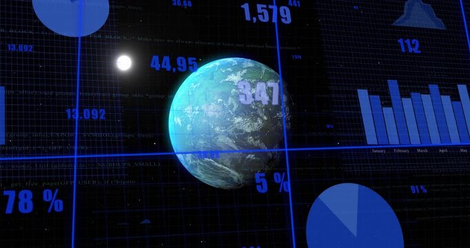 3D Earth globe popping against starry grid, rotating as charts and labels updating tracking trends