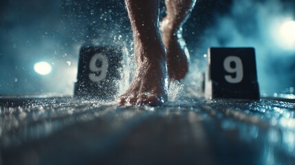 Close-Up of Swimmer’s Feet on Starting Block Before Race Start with Muscle Tension