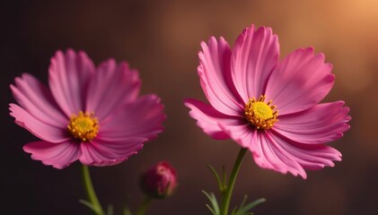 Fototapeta premium Delicate cosmos blooms, soft petals against rich brown backdrop, vibrant, natural