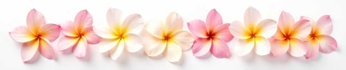Fototapeta premium Delicate frangipani petals on white background, tropical, white