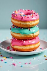 Donuts stacked on a plate with colorful sprinkles, Pastries, Dessert, Food