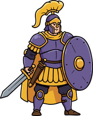 Obraz premium Roman soldier warrior with sword and shield in purple and gold armor vector illustration 