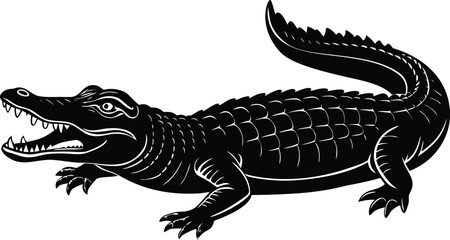 Stylized black alligator with open mouth and sharp teeth