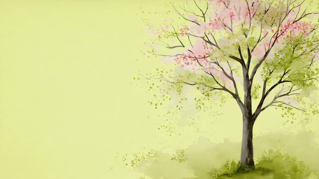 Watercolor Spring Tree with Pink Blossoms on Soft Green Background