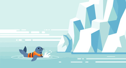 Fototapeta premium Cute seal in a life jacket swimming in arctic waters near an iceberg vector illustration for children's books and posters